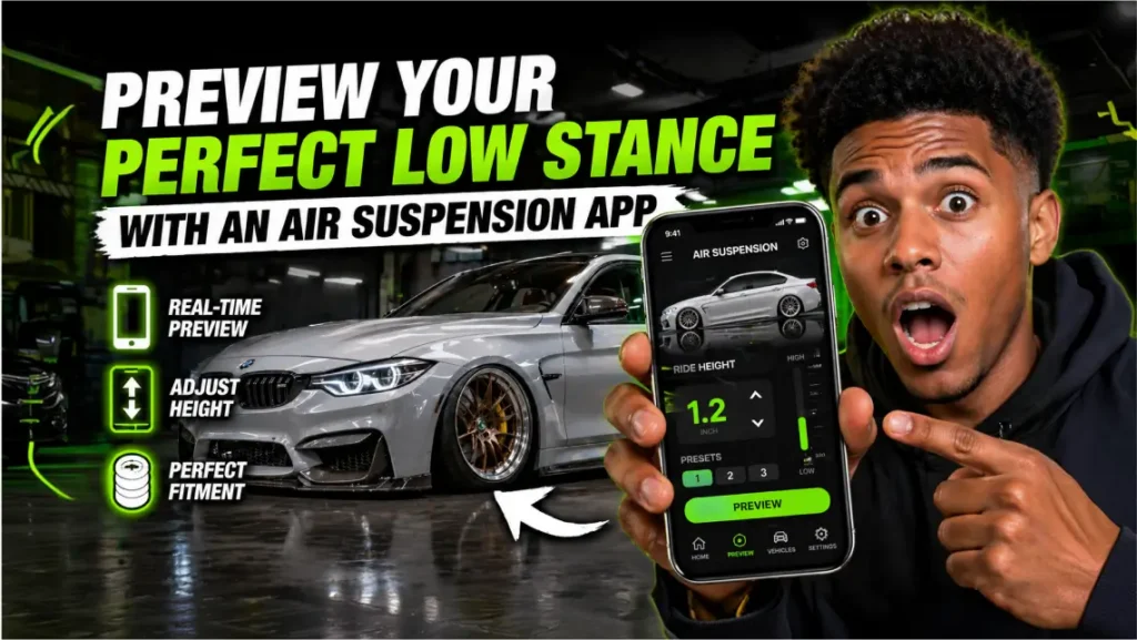 Air suspension preview app by Carman Wheel - real time lowered car stance simulator for your vehicle