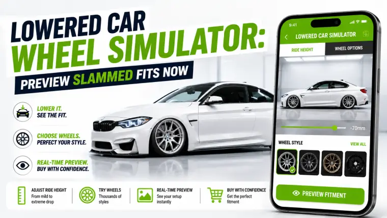 Lowered car wheel simulator by Carman Wheel - preview slammed wheel setups before modifying