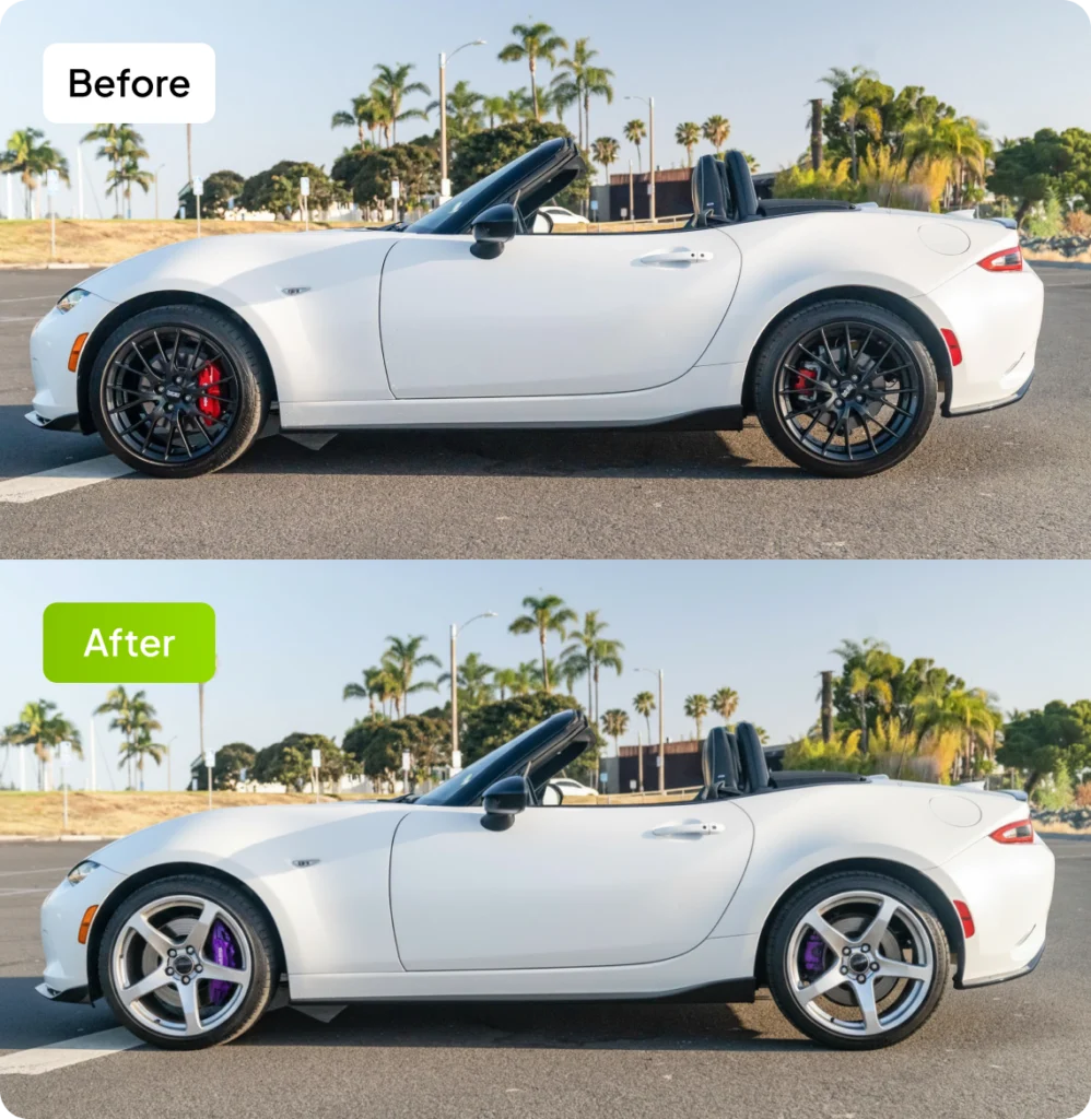 Wheel and caliper preview before and after - simultaneous wheel & brake caliper modification effect